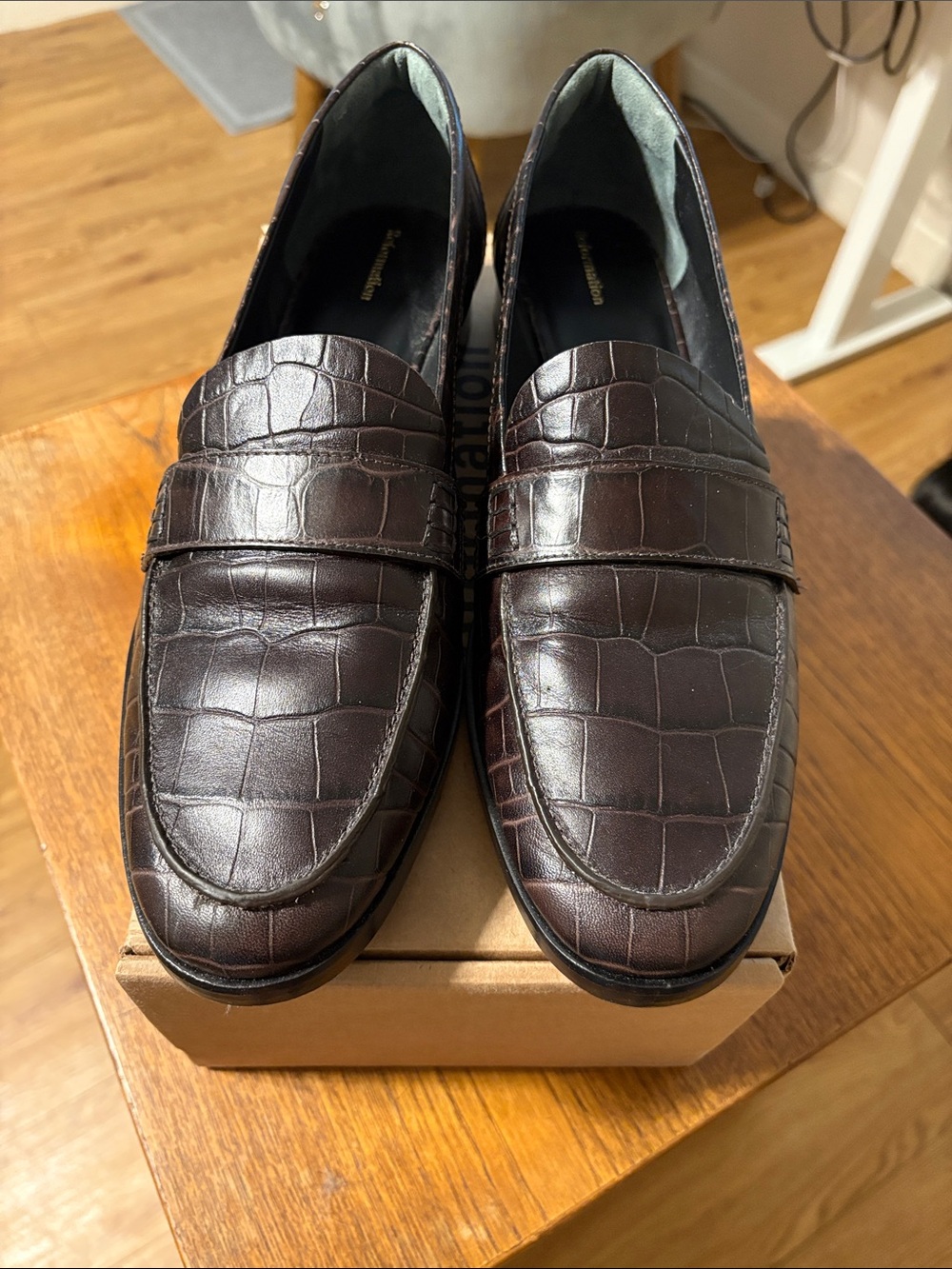 Reformation Kaylee Loafer in Chocolate Brown Croc-Embossed